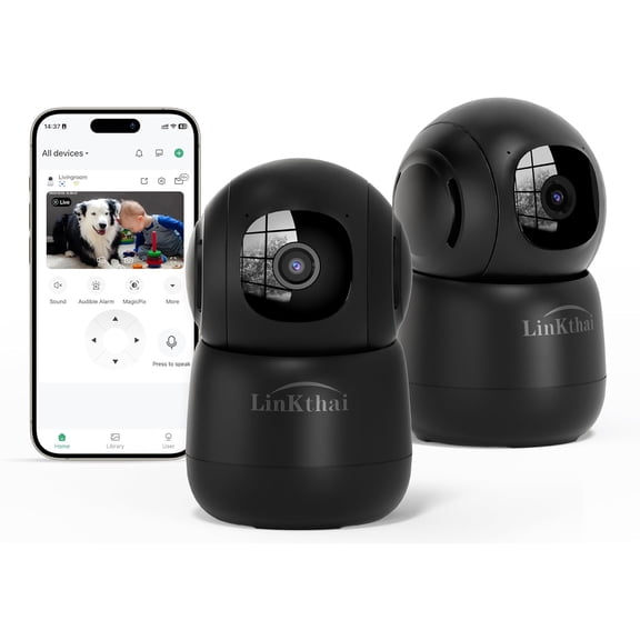 Indoor Camera, 2K Cameras for Home Security with App Motion Detection Auto Tracking Alarm Live Notice Schedule Default Location, Pet Camera Night Vision, 2.4 GHz, Black, 2 Pack