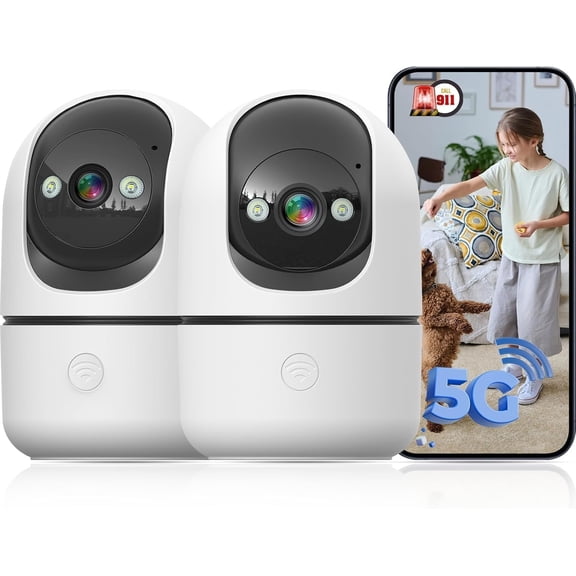 Indoor Camera 5G&2.4G WiFi Cameras for 911 Alert, 360? Pan/Tilt // Camera AI Motion Detection Night Vision, Speaker, Cloud Storage (2-Pack)