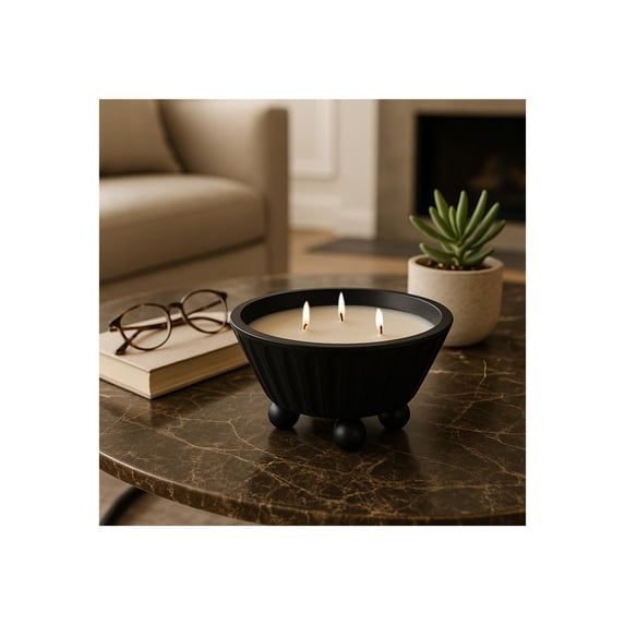 Decorative Footed Bowl Scented Candle for Men and Women - Casual Small Wood Candle for Indoor and Outdoor Spaces - Stylish Home Decor for Living Room, Bedroom, and Bathroom - 5", Black
