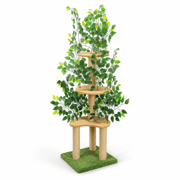 Indoor Cat Climbing Tree Tower With Artificial Banyan Leaves, Green