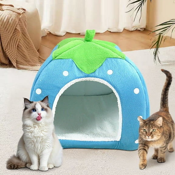 Indoor Cat & Dog House | Foldable Winter Pet Shelter Yurt Tent | Padded Strawberry Design | Warm Short Plush, 1.4cm Sponge | Cozy Bed for Garage, Porch, Home | Fits 2-4.5kg Pets | 26x26cm