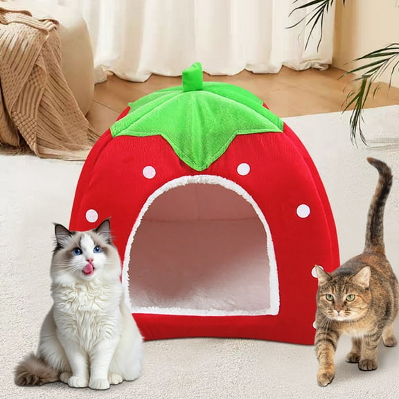 Indoor Cat & Dog House | Foldable Winter Pet Shelter Yurt Tent | Padded Strawberry Design | Warm Short Plush, 1.4cm Sponge | Cozy Bed for Garage, Porch, Home | Fits 2-4.5kg Pets | 26x26cm