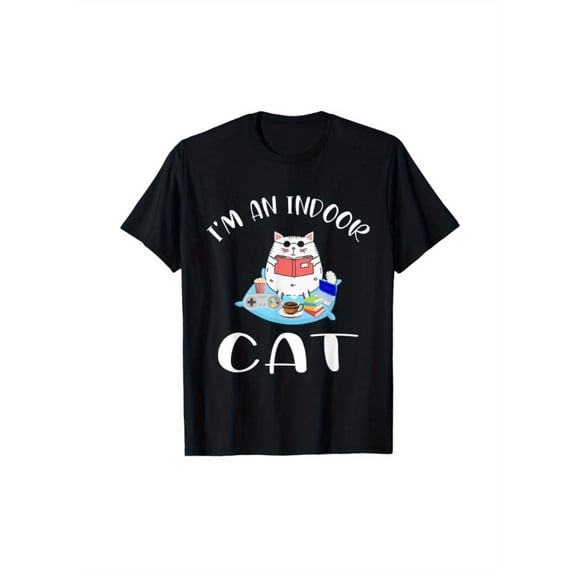 Indoor Cat  Tee Top Black S-5XL 100%cotton Cute Lazy Homebody Round Neck Playful Design