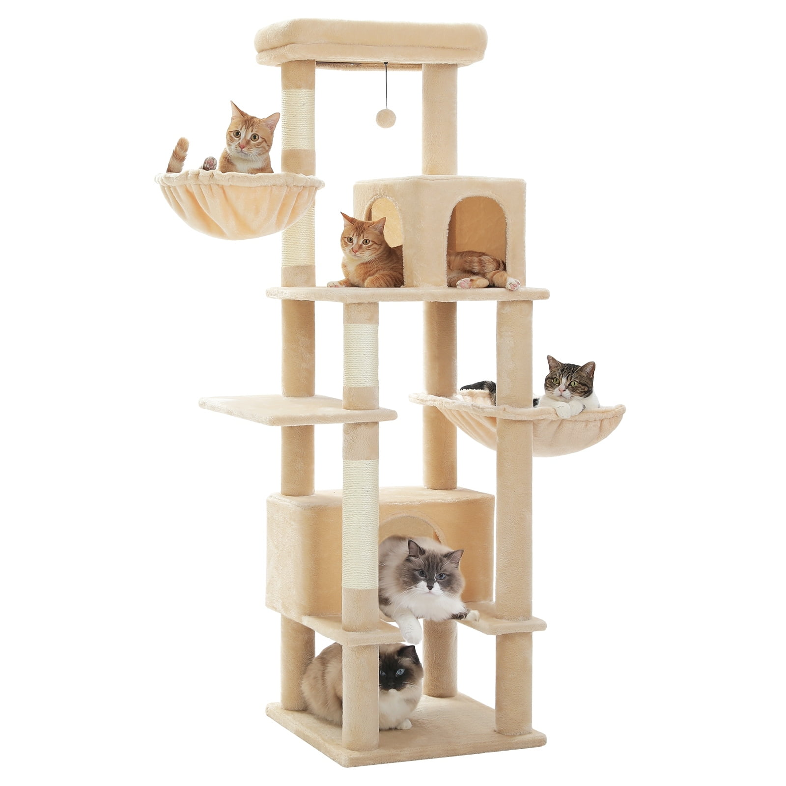 Beige 66" Sisal-Covered Cat Tower with Hammock and Condos