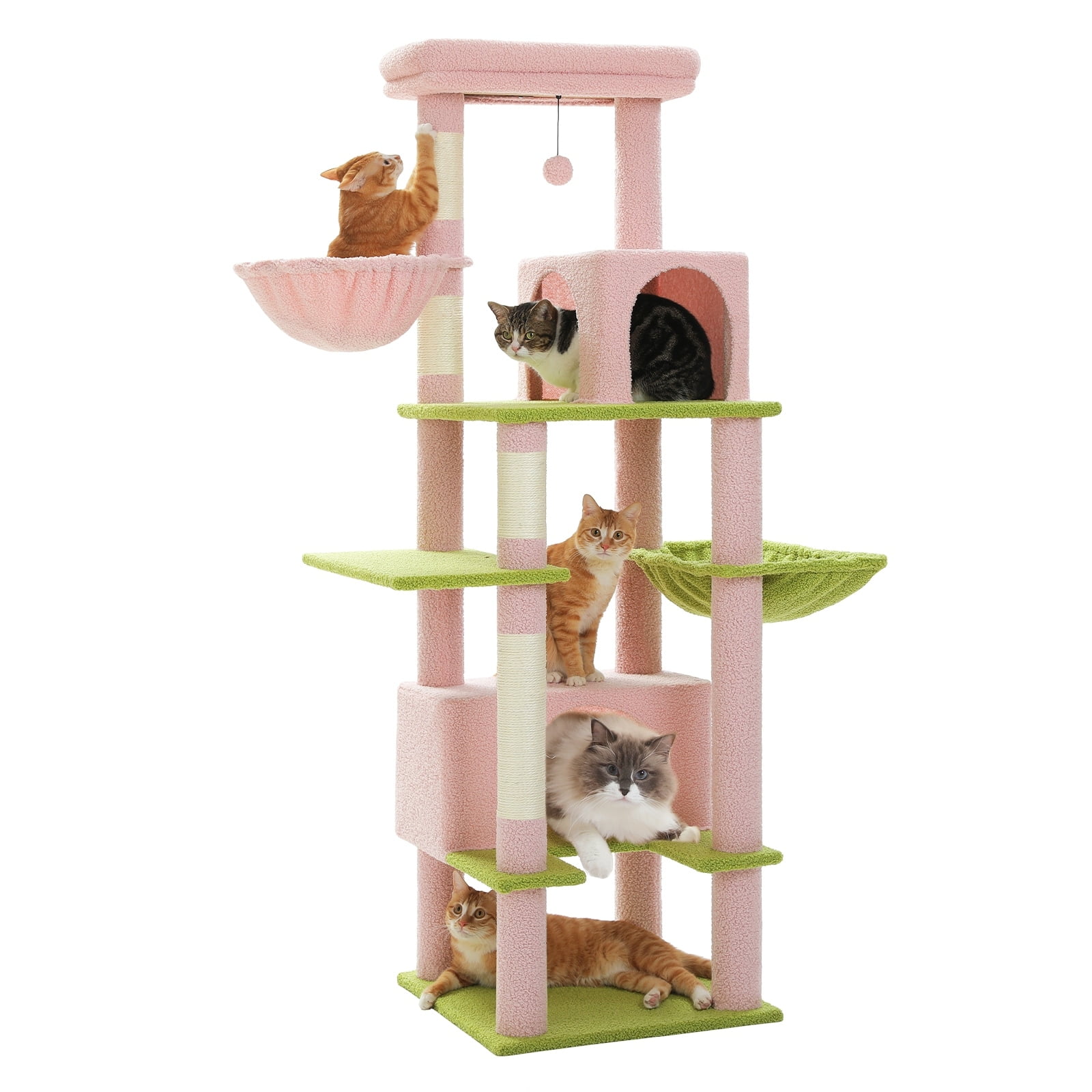 66" Pink and Green Sisal Cat Tower with Hammock