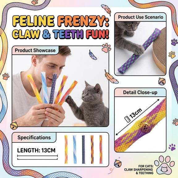Indoor Cat ToysforBoredom, Cat Chew ToysforIndoor Cats, 10inMesh Tubes, Teeth Grinding, Cat Enrichment, Random Bright Hues, Flexible Spring, 5 Pc