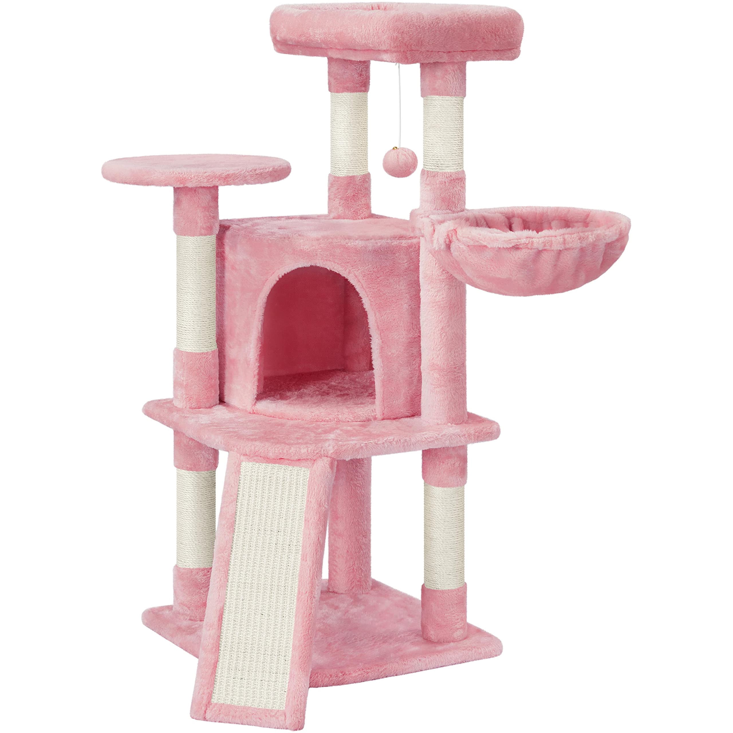 Indoor Cat Tree 42in Tall, Multi-Level Cat Condo with Hammock Perch Scratching Posts, Plush Basket Activity Center, Pet Furniture for Small Cats, Pink