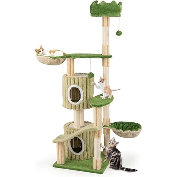 Indoor Cat Tree Tower, 63 Inch Tall Multi - Level Aesthetic Tower with Sisal Scching Posts, 2 Condos, 2 Side Baskets, 2 Dangling Balls for Your Indoor Feline Friend, Green