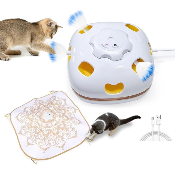 for Indoor Cats, 4 in 1 Interactive Automatic Kitten and Seek with Mat, 8 Holes Mice Whack-A-Mole, Moving Wand Teaser Feathers, Exercise Kicker Kitty