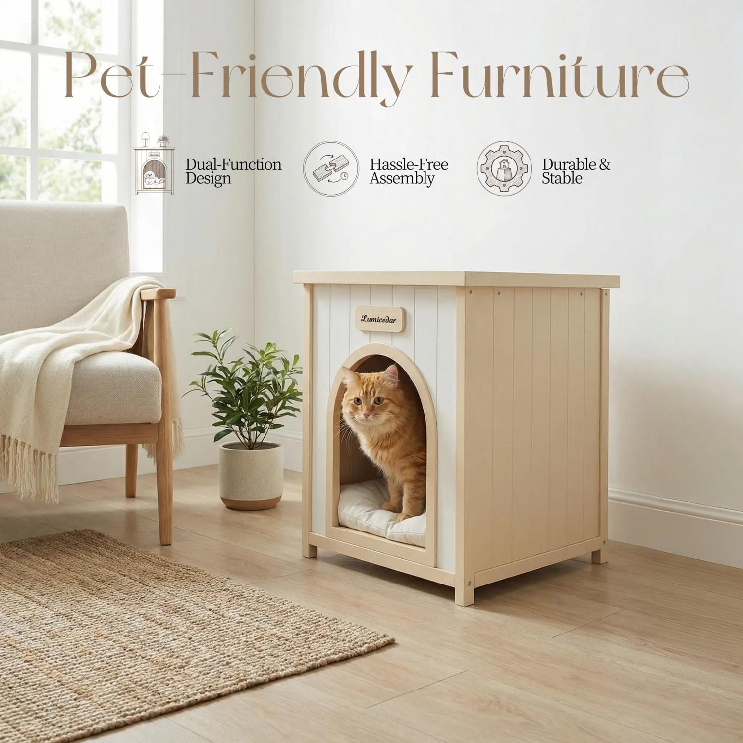 Indoor Cedar Dog House with Removable Cushion, 2-in-1 Pet House Side Table Furniture for Small Dogs Cats, Wooden Shelter Cozy Retreat, Scandinavian Design, Cream White Light Yellow