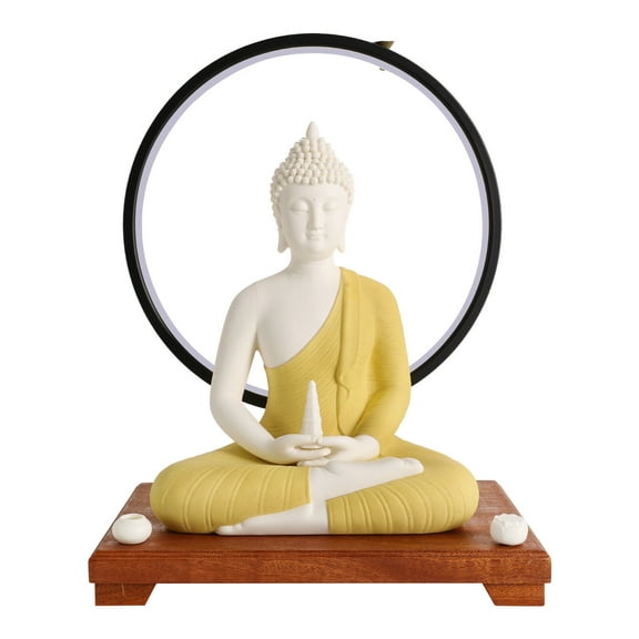 Indoor Ceramic Buddha Statues for Home Decor LED Circle Table Lamp W/Brocade Box