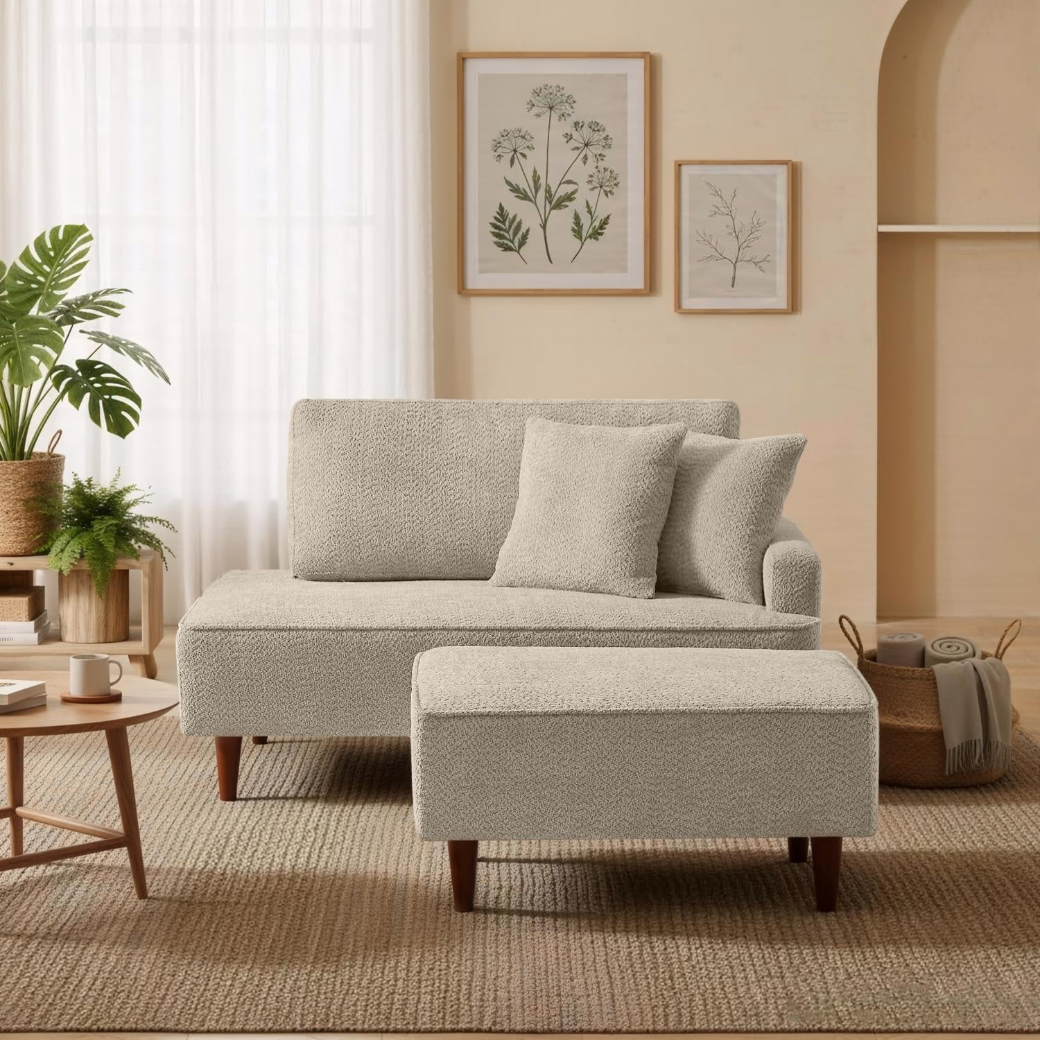 Indoor Chaise Lounge Chair with Ottoman, Boucle Upholstered Chaise Lounge with 2 Throw Pillows Included, Modern Chaise Lounge for Living Room Bedroom Reading Nook, Camel