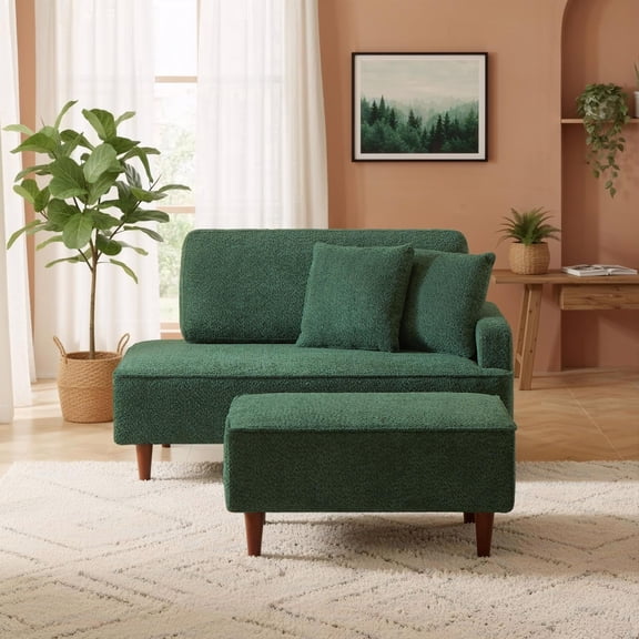 Indoor Chaise Lounge Chair with Ottoman, Boucle Upholstered Chaise Lounge with 2 Throw Pillows Included, Modern Chaise Lounge for Living Room Bedroom Reading Nook, Green
