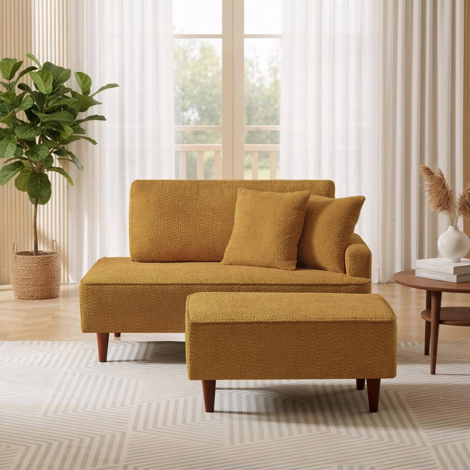 Indoor Chaise Lounge Chair with Ottoman, Boucle Upholstered Chaise Lounge with 2 Throw Pillows Included, Modern Chaise Lounge for Living Room Bedroom Reading Nook, Orange
