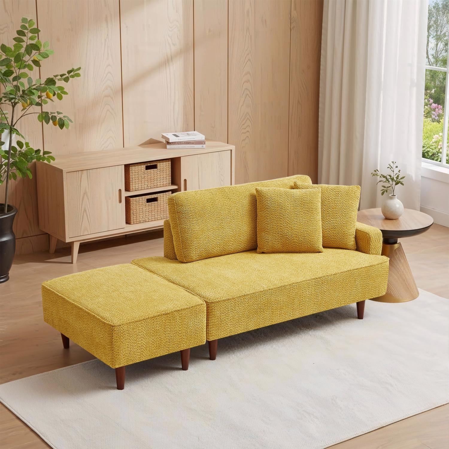 Indoor Chaise Lounge Chair with Ottoman, Boucle Upholstered Chaise Lounge with 2 Throw Pillows Included, Modern Chaise Lounge for Living Room Bedroom Reading Nook, Yellow