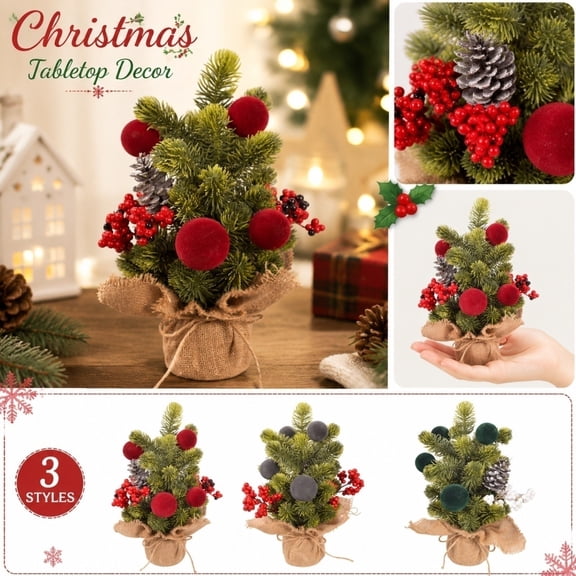 Indoor Christmas Decor, Faux Artificial Tree Indoor, Christmas Table Decor, Small Christmas Tree, 13X8 Inch Gray Round Ornament Accent Desktop Christmas Tree, Rustic Potted