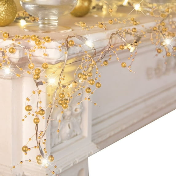 Indoor Christmas Decorations, Festive Lighted Berry Beaded Garland Red- 120" L,Gold