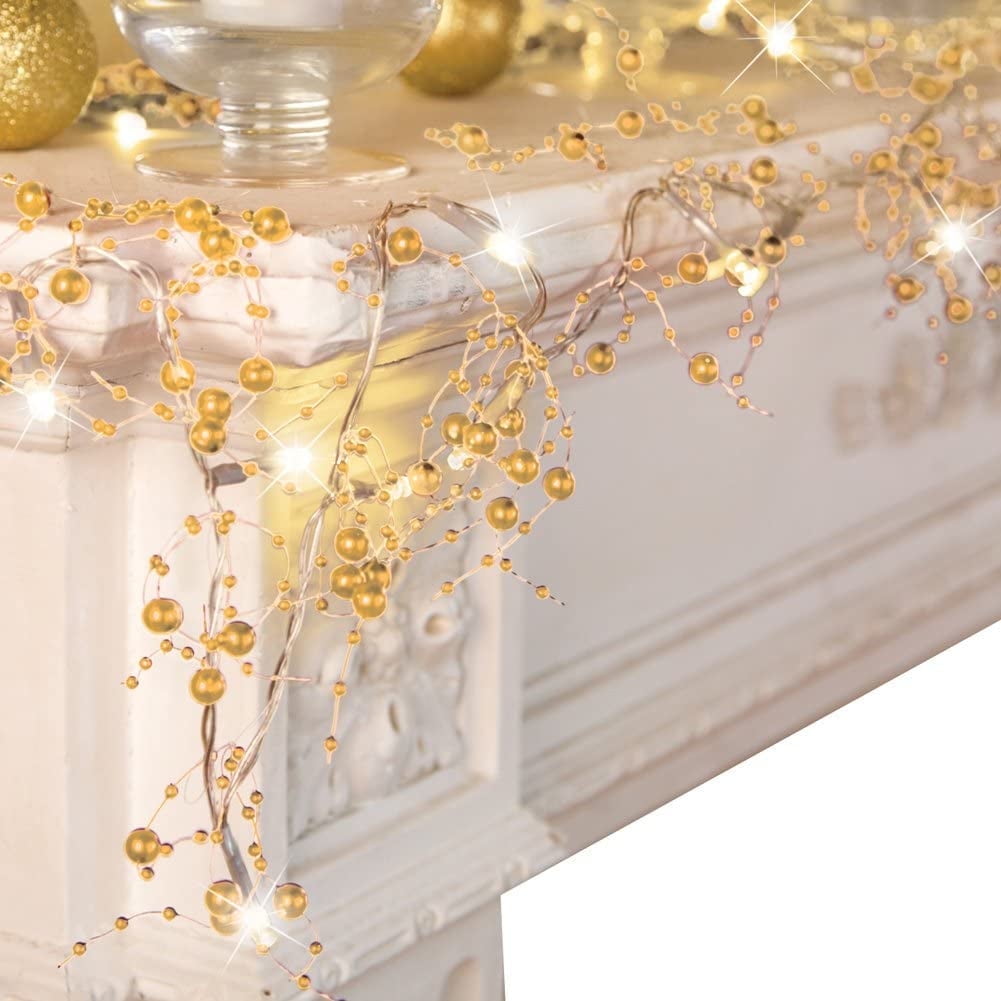 Indoor Christmas Decorations, Festive Lighted Berry Beaded Garland for New Year, Xmas Tree, Table Decor, Gold Color, 10FT 30LED
