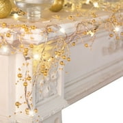 Zukuco Indoor Christmas Decorations, Festive Lighted Berry Beaded Garland for Xmas Decor (Gold 10FT 30 LED)