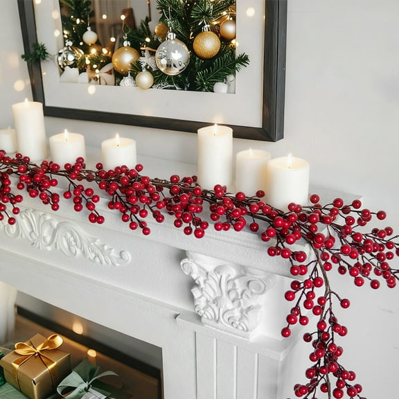 Indoor Christmas Decorations Red Berry Beaded Garland 70.86 Inch Artificial Climber for Wreaths, Mantles, Walls, Doors, Holiday Party & Home Decor