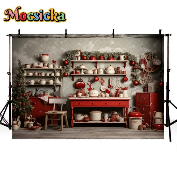 Indoor Christmas Kitchen Backdrop For Kids Family Portraits Photography Vintage Wall Wooden Plank Decor Studio Photo Background