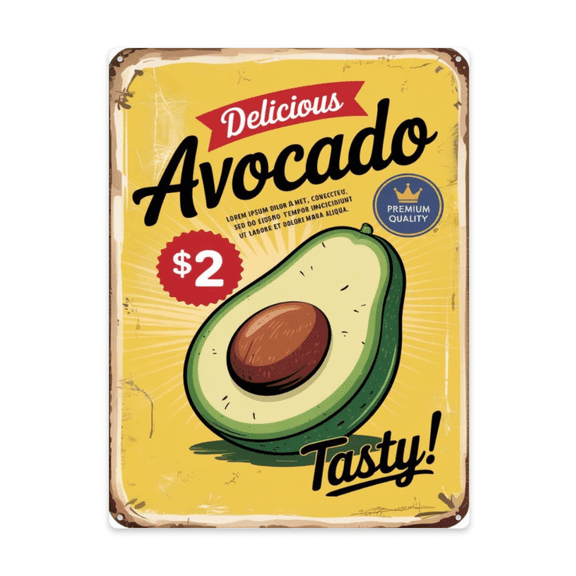 Indoor Collectible 12x16 Inch Metal Wall Plaque Featuring Fruits Market Fresh Delicious Avocado Tasty Retro Room Styling Detail Suits Coffee Bar Or Breakfast Corner Vintage Interior Wall Accent