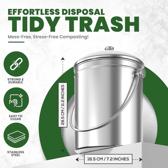 Indoor Compost Bin Kitchen, Odorless Composting with Charcoal Filter, 1.3 Gallon Stainless Steel Large Composter for Countertop & Under Sink, Easy Cleaning, One Extra Filter - (Silver)