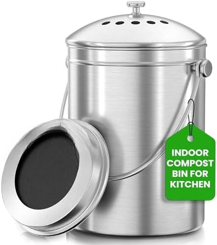 Composter Silver Indoor Compost Bin Kitchen, Odorless Composting with Charcoal Filter, 1 ...