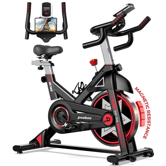 Indoor Cycling Bike for Home Gym, Stationary Exercise Bike with Silent Belt Drive System, Adjustable Seat & Handlebar, LCD Monitor & Tablet Holder, Red