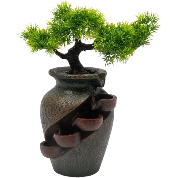Indoor Desktop Green Pine Fountain Waterfall, Zen Meditation Fountain Indoor Desktop Water Fountain with Automatic Pump Desk Decoration for Home Office Bedroom