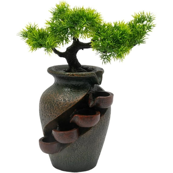 Indoor Desktop Green Pine Fountain Waterfall, Zen Meditation Fountain Indoor Desktop Water Fountain with Automatic Pump Desk Decoration for Home Office Bedroom