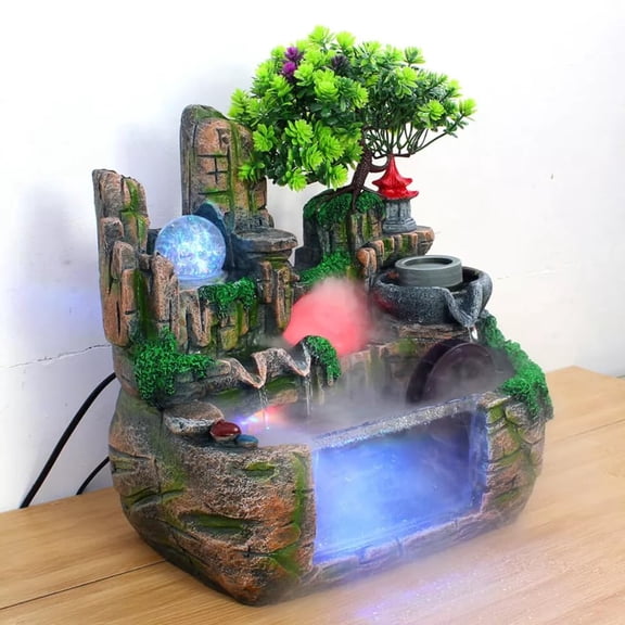 Indoor Desktop Relaxation Waterfall Small Artificial Bonsai Mini Rock Fountain with LED Lights & Atomizer,Illuminated Waterfall for Home Office Bedroom Desk Decor (Style 2)