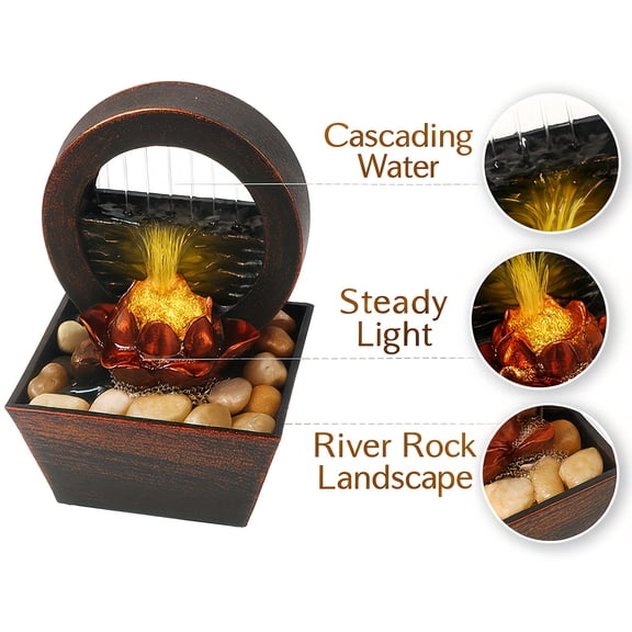 Indoor Desktop Water Fountain with River Rocks and LED Light Table Home Decor 6.7in