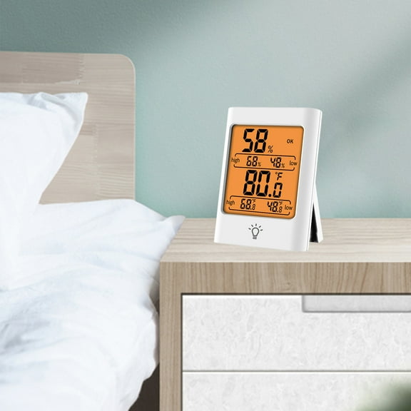 Indoor Digital Thermometer Hygrometer | LCD Double Display, Touch Backlight, High-Precision Temperature & Humidity Sensor | Magnetic, Wall Mount & Desktop | White Plastic, 8x6x2.5cm, AAA Battery |