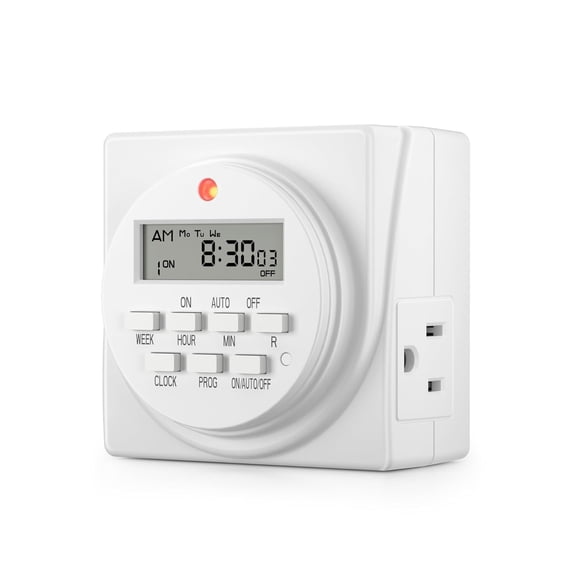 Indoor Digital Timer Outlet, Dual Outlet 7 Day Programmable Light , 3 Prong Plug in Timers for Electrical Outlets, Lamps, Fans, 8 On/Off Programs, 1 Pack, 15A/1875W, ETL Lted
