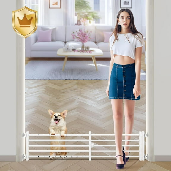 Indoor Dog Gate with Door, 34-55" Extra Wide Full Metal Pet Gate Short Dog Gate for Stairs, Pressure Mount 10'' Tall Small Puppy Low Gate Easy Step Over for Doorways