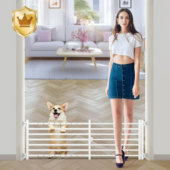 Indoor Dog Gate with Door, 34-55" Extra Wide Full Metal Pet Gate Short Dog Gate for Stairs, Pressure Mount 14'' Tall Small Puppy Low Gate Easy Step Over for Doorways