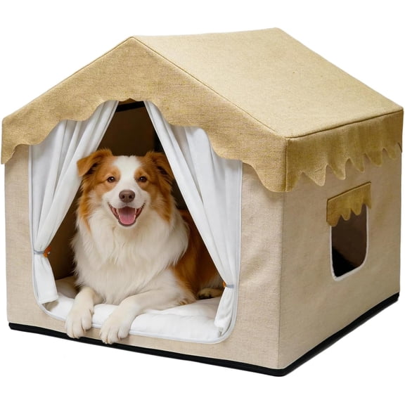 Indoor Dog House, Breeze Pet Tent with Sturdy Frame & Window, Dog Cave Bed with Washable Cover for Medium-Large Dogs (36-66 lb), 29", Cream