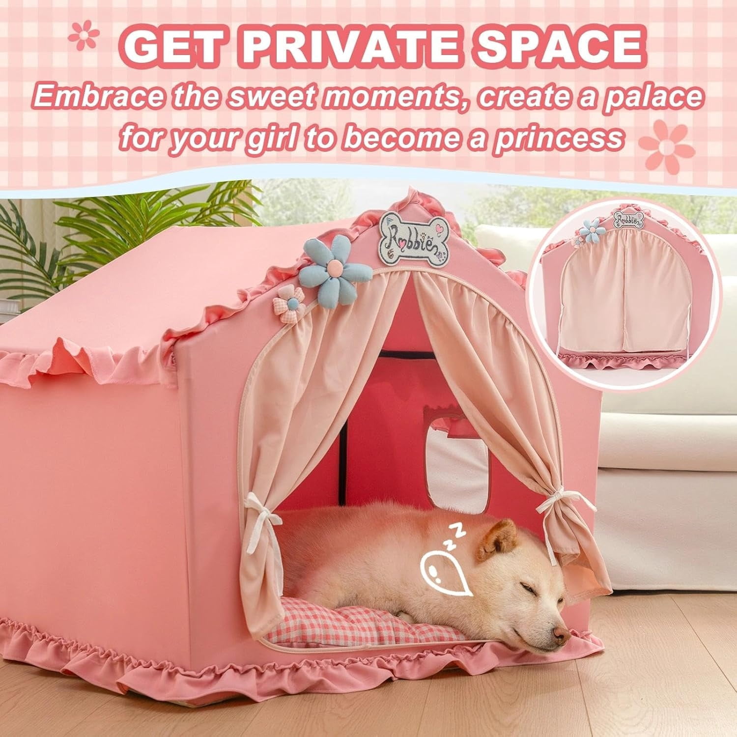 Indoor Dog House with Frame, Cute Dog Tent Bed with Cover Cave, Breathable, Washable, and Foldable House, Suitable for 20-40 Lb, Large