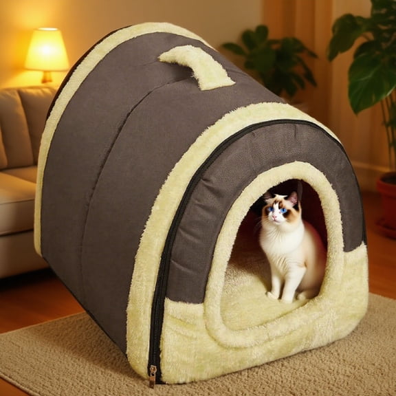 Indoor Dog House with Removable Mat, QQZ Self-Warming Pet Bed for Cats Small Dogs, Cozy Faux Shag Washable Cover Raised Rim Support Floor Mat