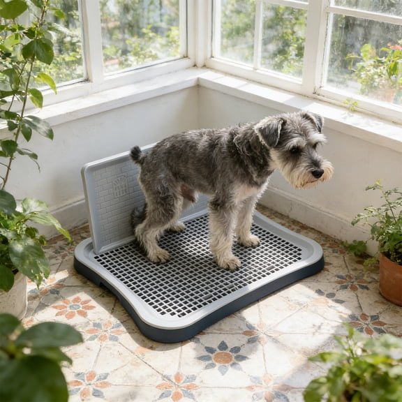 Indoor Dog Potty Tray with Removable Grid & Splash Guard, Housebreaking Training Litter Box for Small Medium Large Dogs, Easy Clean Plastic Pee Pad Holder, 19.69x15.55x1.57in