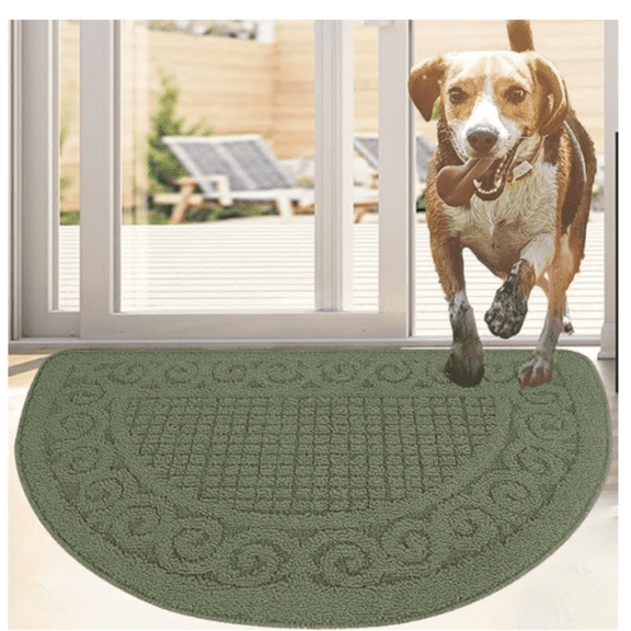 Indoor Door Mat 18"X30",Half Round Non Slip Machine Washable Entryway Rug for Front/Back Door,Half Circle Absorbent Low Profile Entrance Floor Mat for Muddy Wet Shoes and Paws- Green