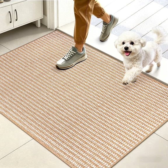 WETRBWEH Indoor Door Mat 24"x36", Non-Slip Low-Profile Front Doormat, Washable Dirt Trapper Mat for Home, Beige & White