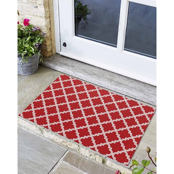 Indoor Door Mat, Abstract Morocco Tile Plaid Art Absorbent Entrance Mat Doormat Low Profile Floor Mats for Front Back Door Entryway 16x24in Modern Farm Lattice on Red