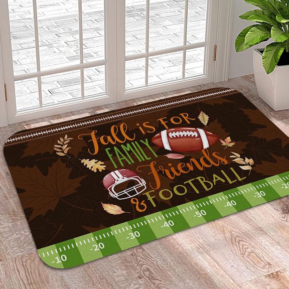 Indoor Door Mat Autumn Football Helmet Pattern Non-Slip Absorbent Kitchen Rug Fall Leaf Green Gradient Stripe Entrance Mat for Bedroom Living Room 16 x 24 In