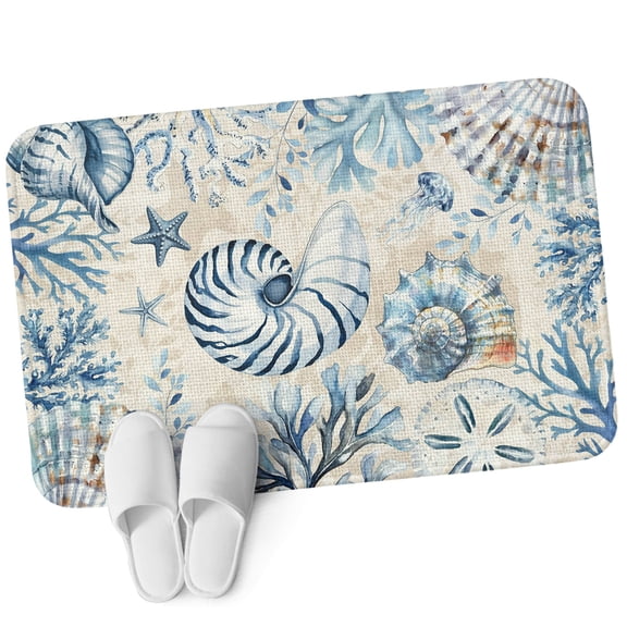 Indoor Door Mat, Blue Conch Coastal Absorbent Non Slip Washable Rug, Summer Beach Coral Starfish Shell Ocean Beige Low Profile Small Welcome Floor Mats for Entryway, Front Door, RV, 16x24 In