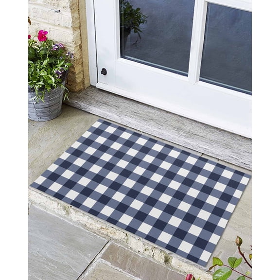 Indoor Door Mat, Blue and White Checkerboard Absorbent Entrance Mat Doormat Low Profile Floor Mats for Front Back Door Entryway 16x24in Stripe Buffalo Plaid