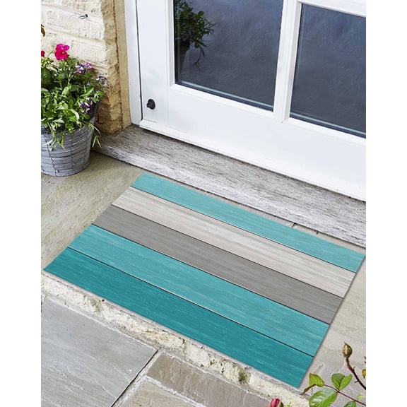 Indoor Door Mat, Country Wood Board Gray Urquoise Absorbent Entrance Mat Doormat Low Profile Floor Mats for Front Back Door Entryway 16x24in Vintage Gradient Plank