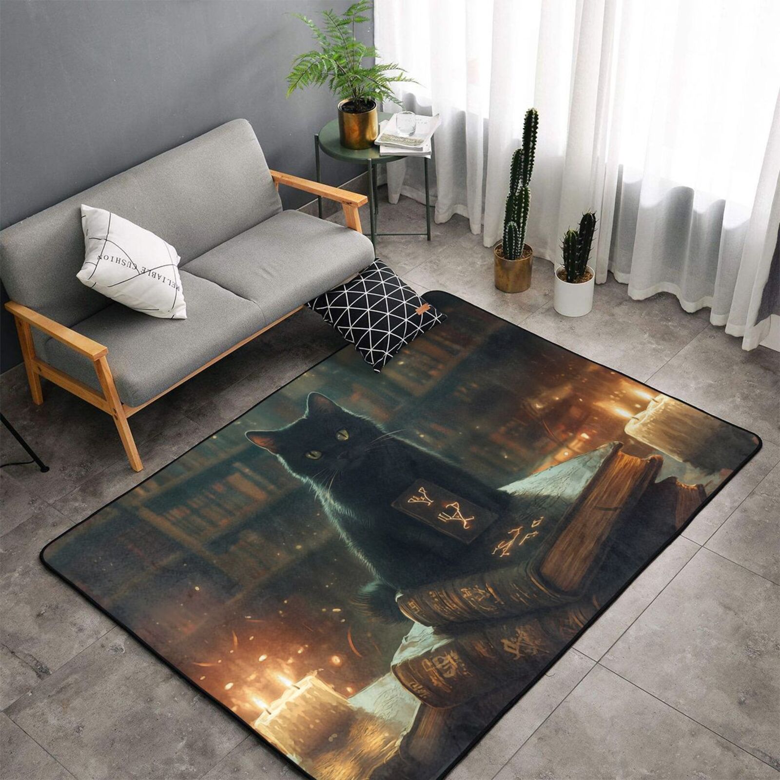 Indoor Door Mat, Halloween Black Cat Mysterious Notebook Bedroom Rug ...