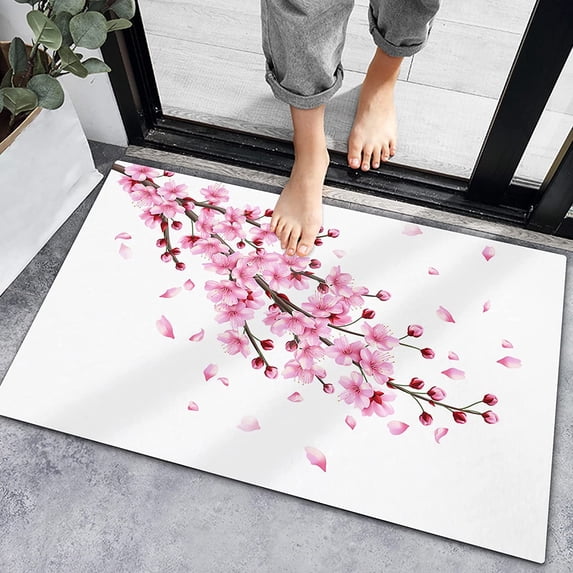 Indoor Doormat Absorbent Bath Rugs Entrance Non Slip Front Door Mat Pink Cherry Blossom Petal Branch Kitchen Carpets White Back Floor Mats for Bathroom Bedroom Living Room Decor 18x30In